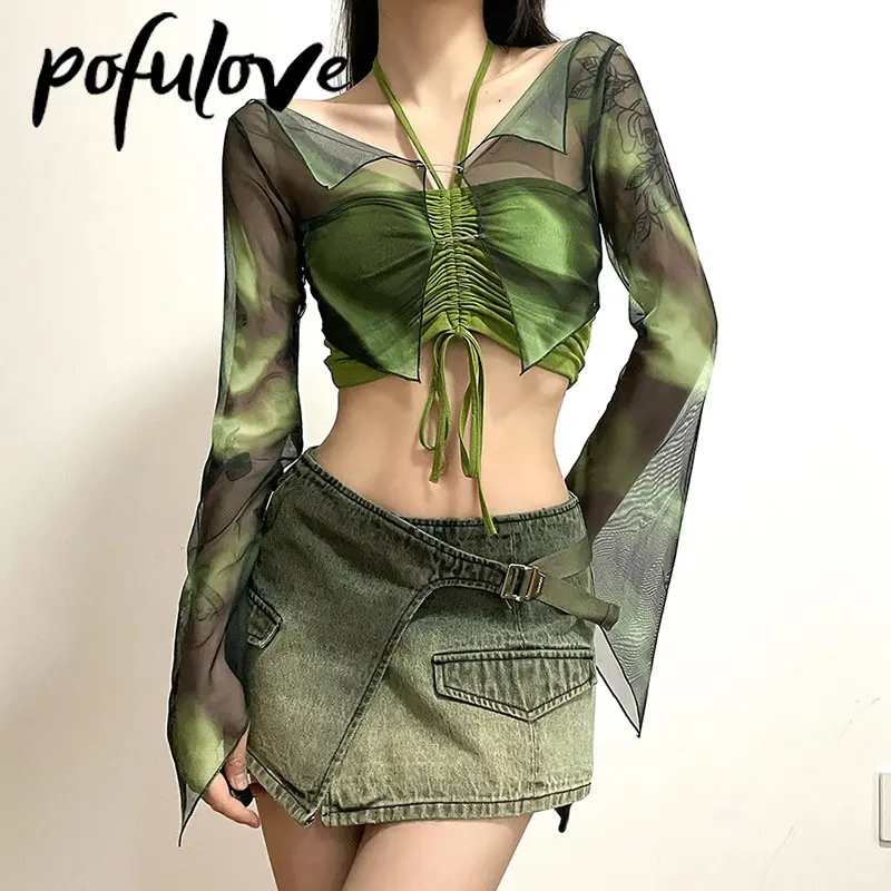 

Топ женский с длинным рукавом и открытыми плечами, облегающий пикантный прозрачный укороченный топ, пикантный комплект из двух предметов, ...