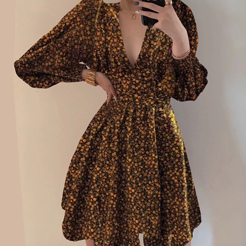 

floral dress women elegant dresses for women party dress for new year 2022summer dresses puff sleeve V-neck party A-line dress