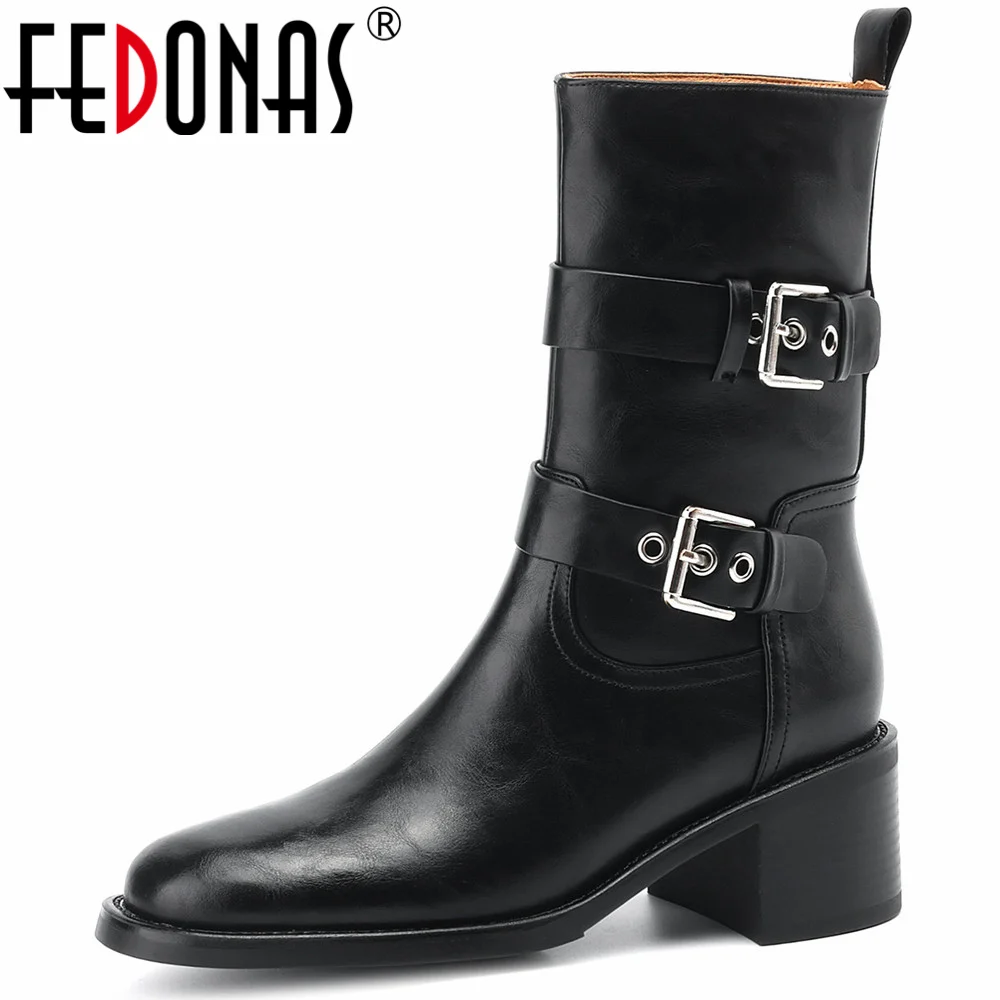 

FEDONAS Retro Western Women Mid-Calf Boots Autumn Winter Genuine Leather Shoes Woman Belt Buckle Thick High Heels Office Lady