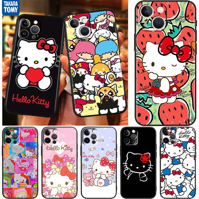 

Cartoon Hello Kitty Cat For Apple iPhone 13 12 11 Pro Max Mini XS Max X XR 6 7 8 Plus 5S SE2020 Soft Black Phone Case Cover Capa