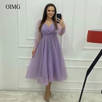 oimg simple lavender tulle prom dresses v neck puff long sleeves tea length formal party gowns women evening dress cheap