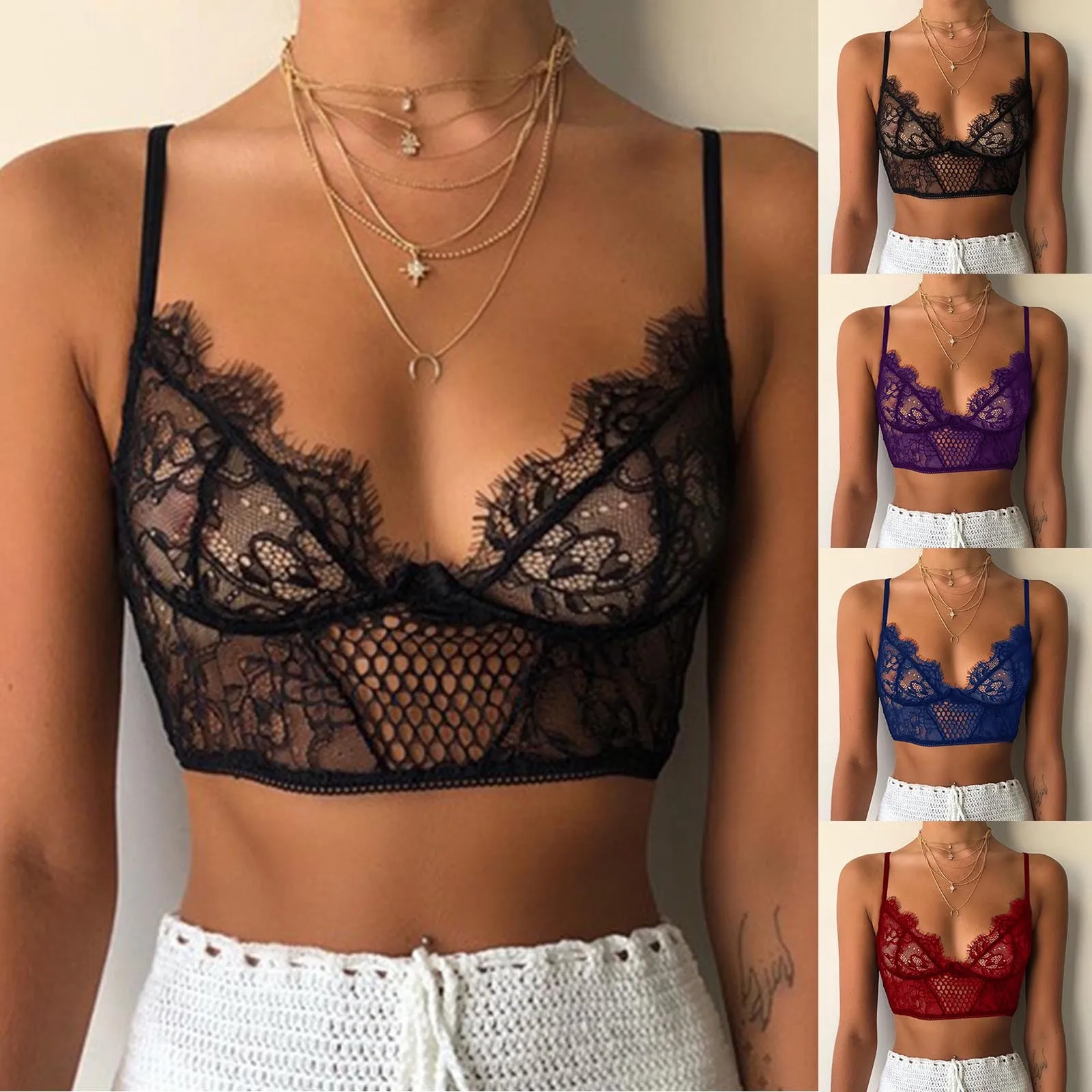 

2023 Fashion Mesh Lace Women Crop Tops Vest Push Up Bralet Women's Corset Bustier Bra Sexy V-Neck Camisole Plus Size Tank Top