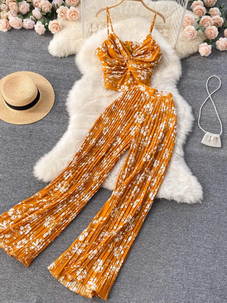 

Женский повседневный комплект из 2 предметов, модная шифоновая блузка с цветочным принтом на бретельках и брюки с широкими штанинами и высо...