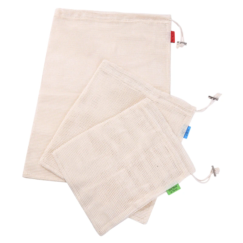 

2Pcs Cotton Vegetable Bag Reusable Cotton Produce Bags Eco Mesh Bag For Vegetable Fruit Washable Drawstring Grid Bags