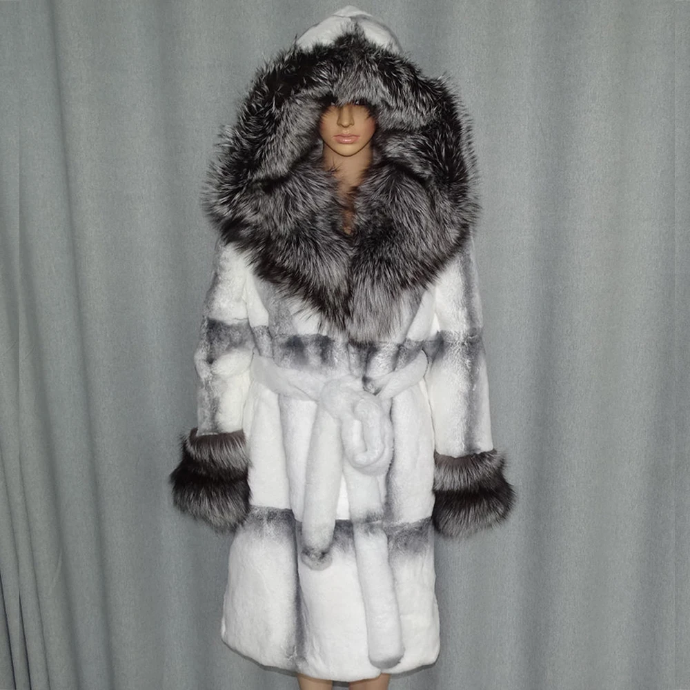 

Winter Women Overcoat Women's Outerwear Natural Whole Skin Rex Rabbit Fur Coat Thick Warm Jacket Large Silver Fox Fur Collar