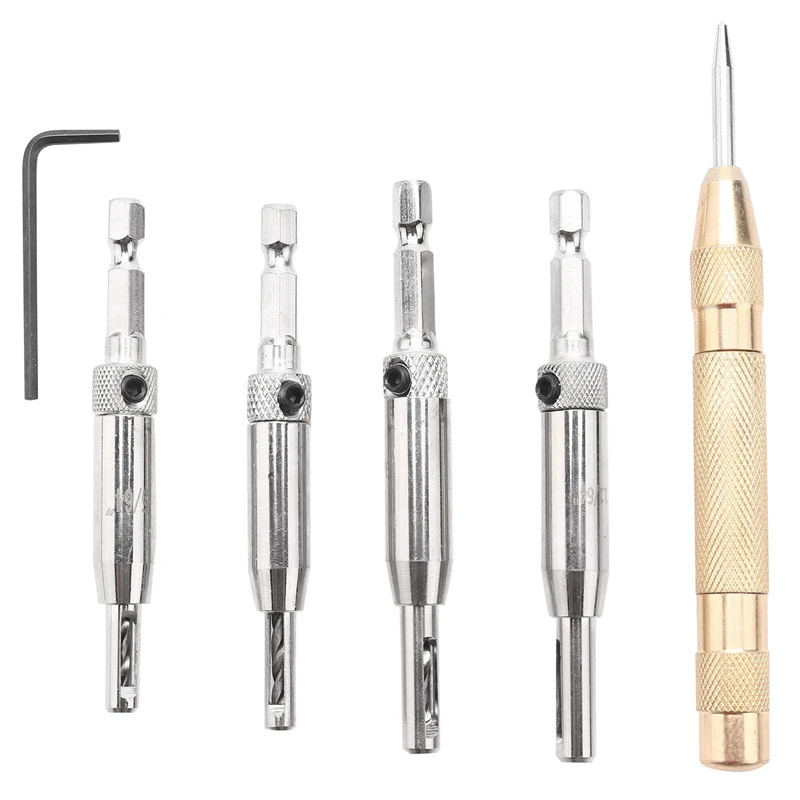 

4Pcs Self Centering Hinge Drill Bits Set,1/4Inch Hex Shank, Screw Sizes 5/64 Inch, 7/64 Inch, 9/64 Inch, 11/64 Inch For Door Cab