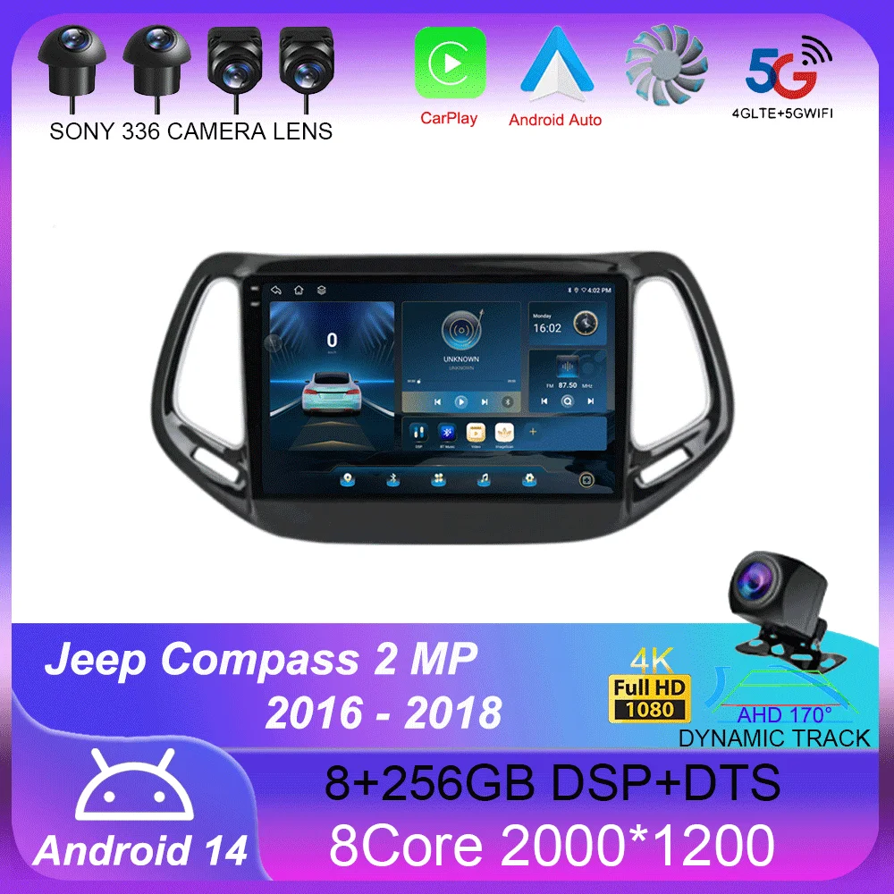 Android 14 8G + 256GB беспроводной Carplay для Jeep Compass 2 MP 2016 - 2018 автомобильное радио