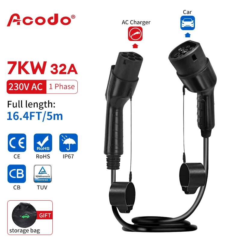 

EV Charger Cable Type2 Female Car to Male Plug Car Battery Charger Adapter 32A Charging Station 7KW For Car Charger Devices