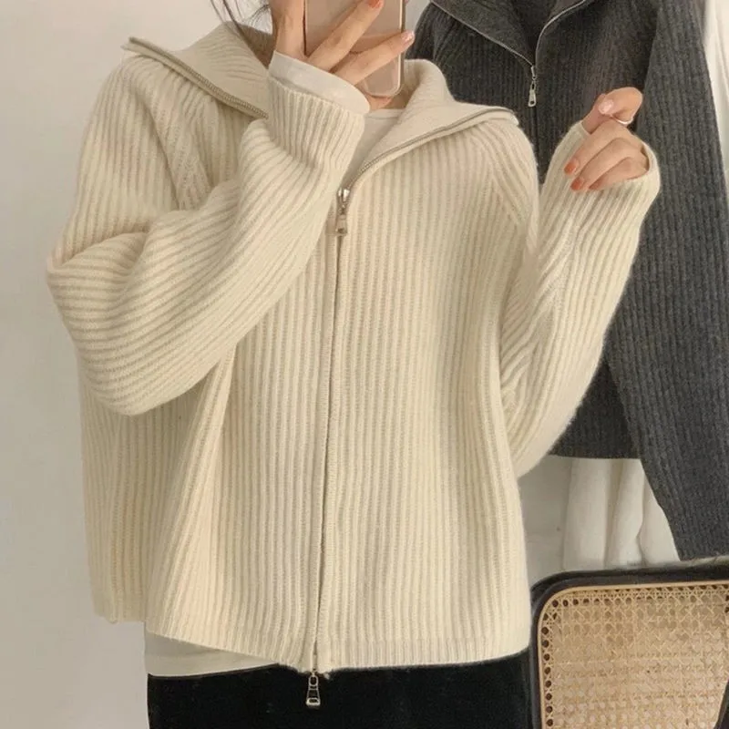 

ZARSAFLY Lapel Short Knitted Cardigan Women Spring Fall Korean Loose Zipper Long Sleeve Sweater Outerwear 6 Colors