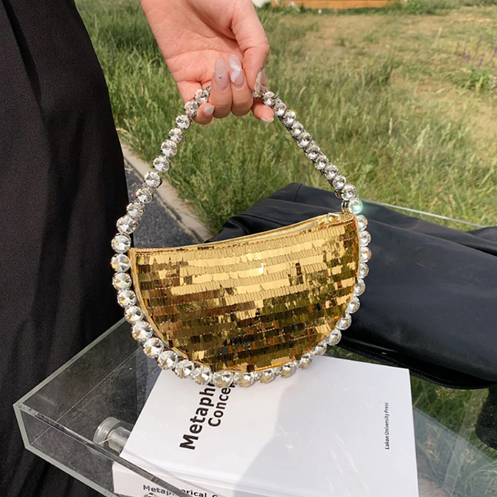 Luxury Diamonds Handle Women Handbag Sequined Evening Bags for Women Mini Half Moon Shoulder Bag Fashion Designer Bag Clutch New