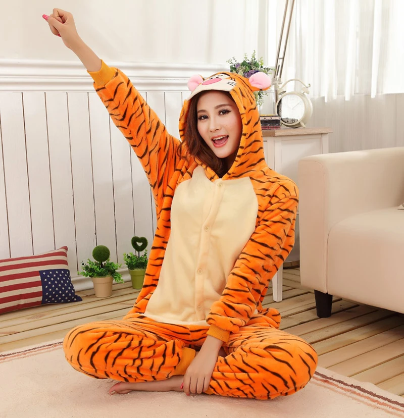 Unisex Winter One-Piece Cartoon Tiger Pajamas With Two Round Ears Polyester Thin Warm Slim Cute Comfortable Sleepwear Cosplay