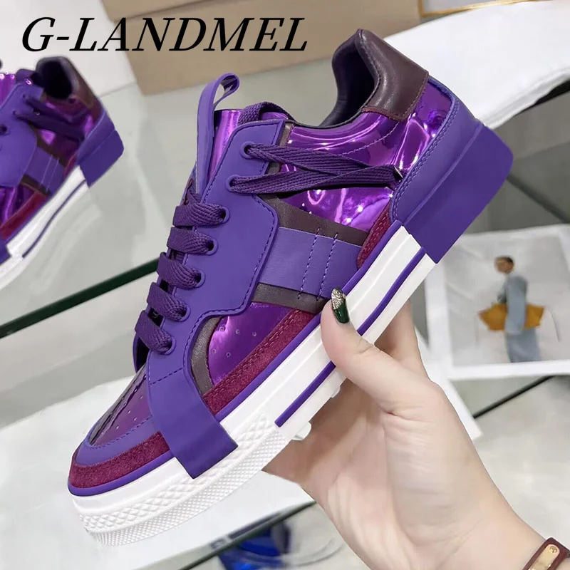 

Hot 2023 New Spring Autumn Fashion Designer Vulcanized Shoes Leather Spliced Casual Shoes Lace-up Breathle Flats Couple Shoes