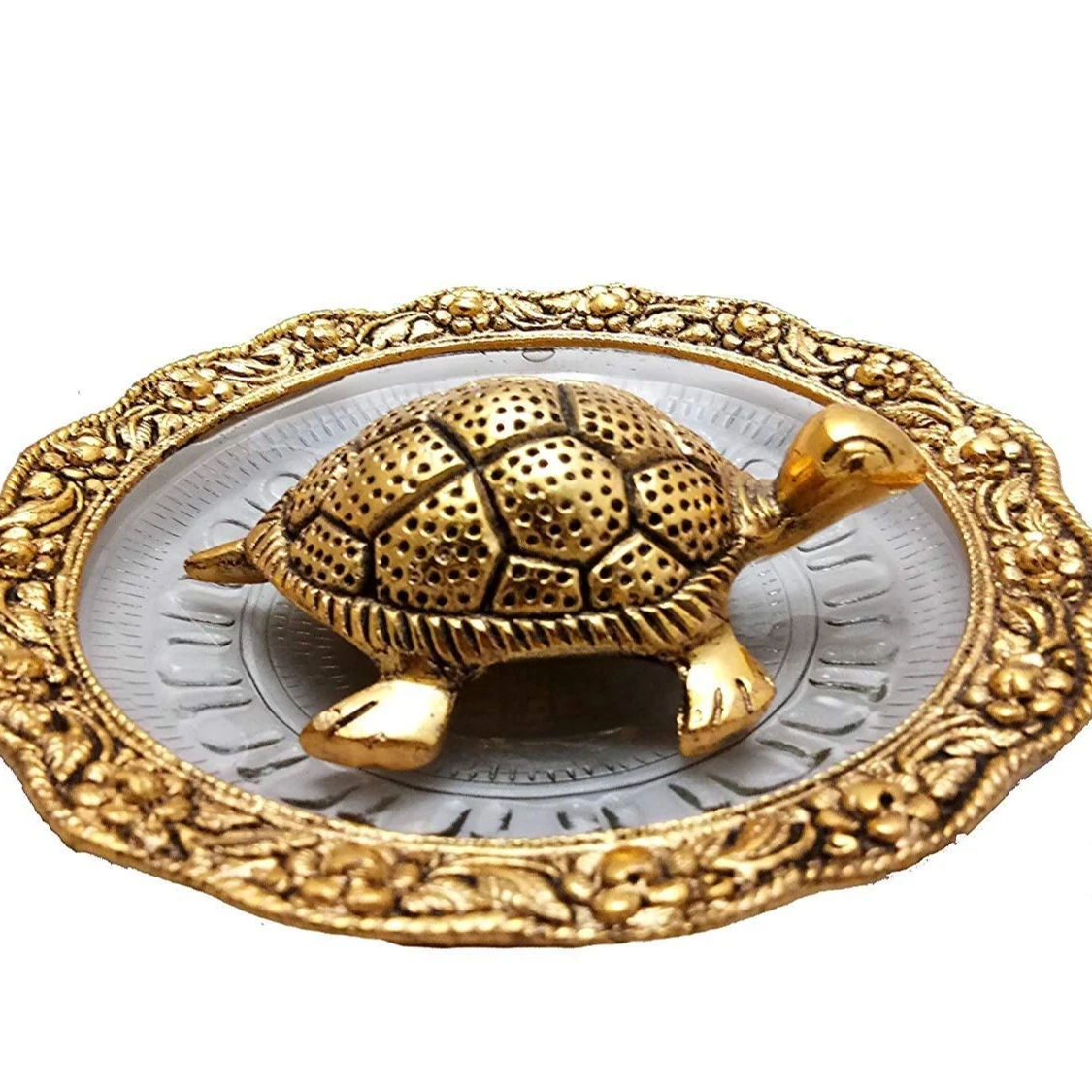 

Metal Feng Shui Tortoise On Plate Showpiece Golden Diameter:5.5 Inch for Office Table Decoration for Gifting Bring Good energy