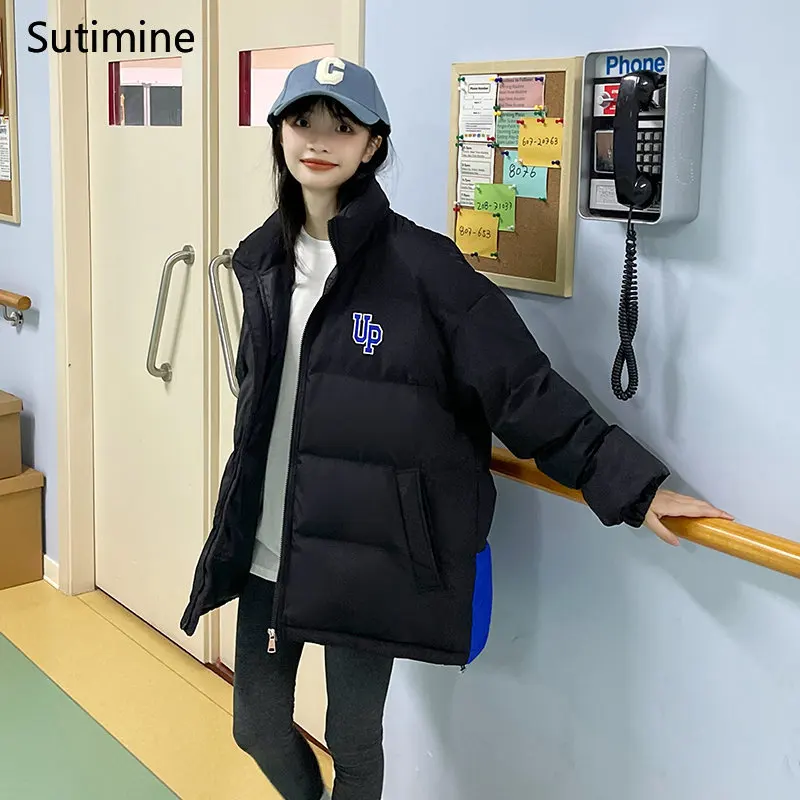 Winter Clothes Women Office Lady Pockets Color Blocked Down Cotton Coat College Style Loose Casual Coat Patch Designs Coat Women