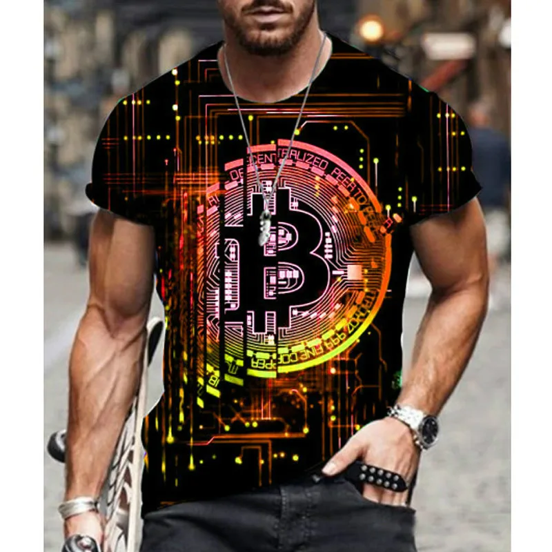 

2022 NewMen's Short Sleeve Sports Round Neck Loose T-shirt 3D Bitcoin Printing Breathable Casual Workout Clothes