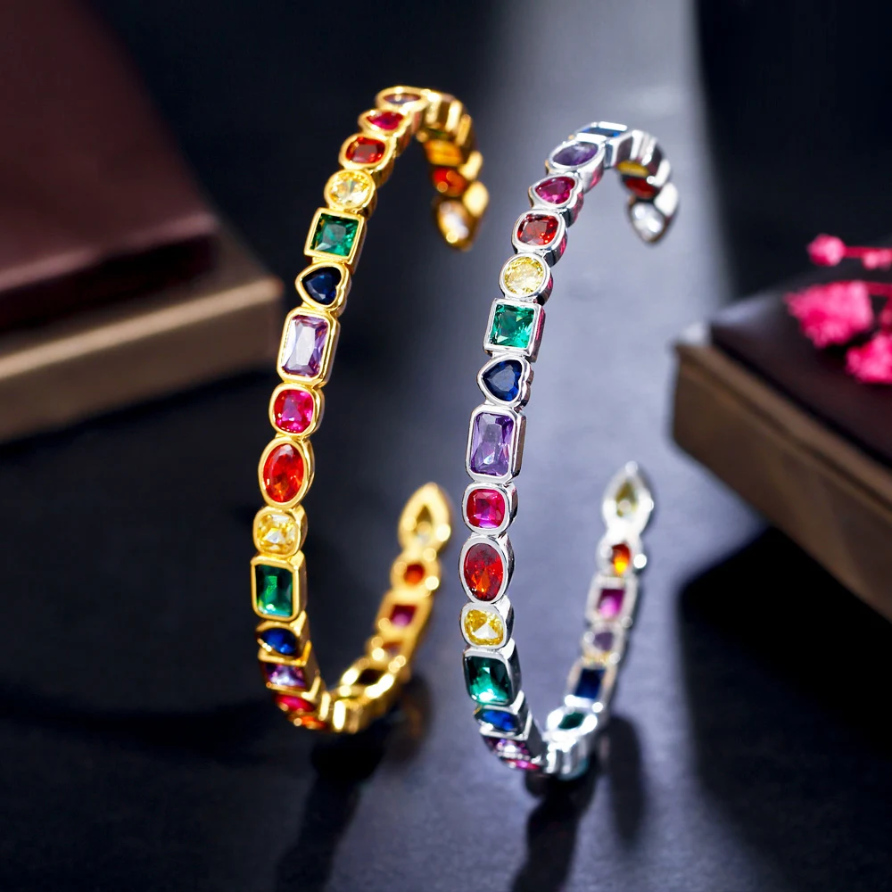 

CWWZircons настоящий многоцветный Радужный кубический цирконий покрытый белым золотом Круглый Открытый браслет на манжете модные ювелирные из...