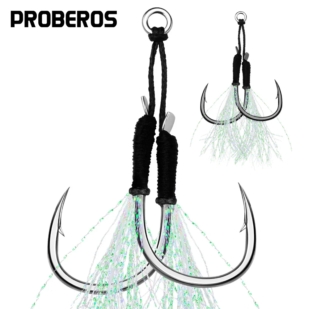 

PROBEROS 50 пара/лот крючки для джиггинга, вспомогательные Крючки для рыбалки 11-13-15-16-17-18-19-20 #, УФ светильник, двойная бородка, с светящимся перьем