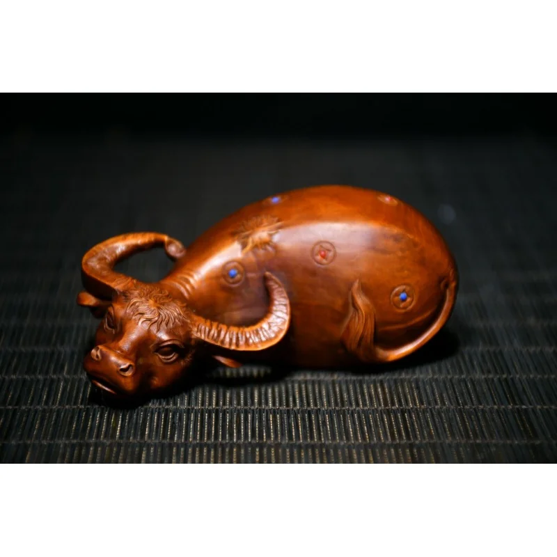 

3.3" Collect China Box-Wood Hand Carving lovable Animal Ox Moo-cow Statue