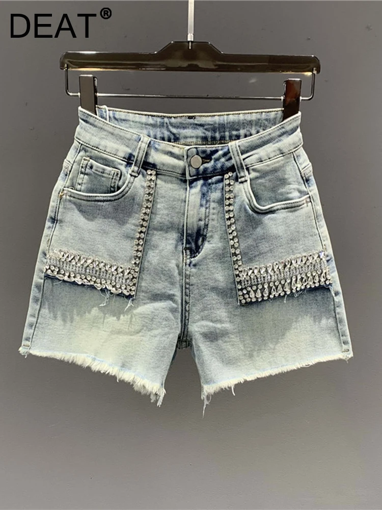 

DEAT Women's Denim Shorts Diamond Rhinestone Burrs Edge High Waist Denim Blue Wide Leg Pants 2023 Summer New Fashion 29L1044