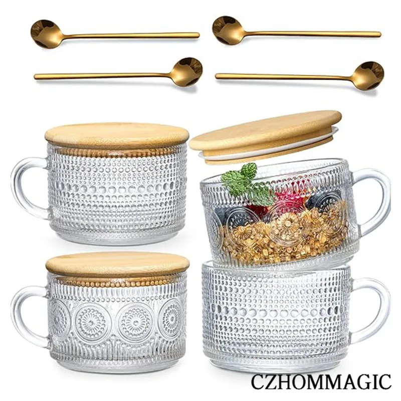 

2/4pcs Set Vintage Coffee Mugs with Bamboo Lids and Spoons Clear Embossed Glass Cups Cute Coffee Cup for Latte Cereal Yogurt Tea