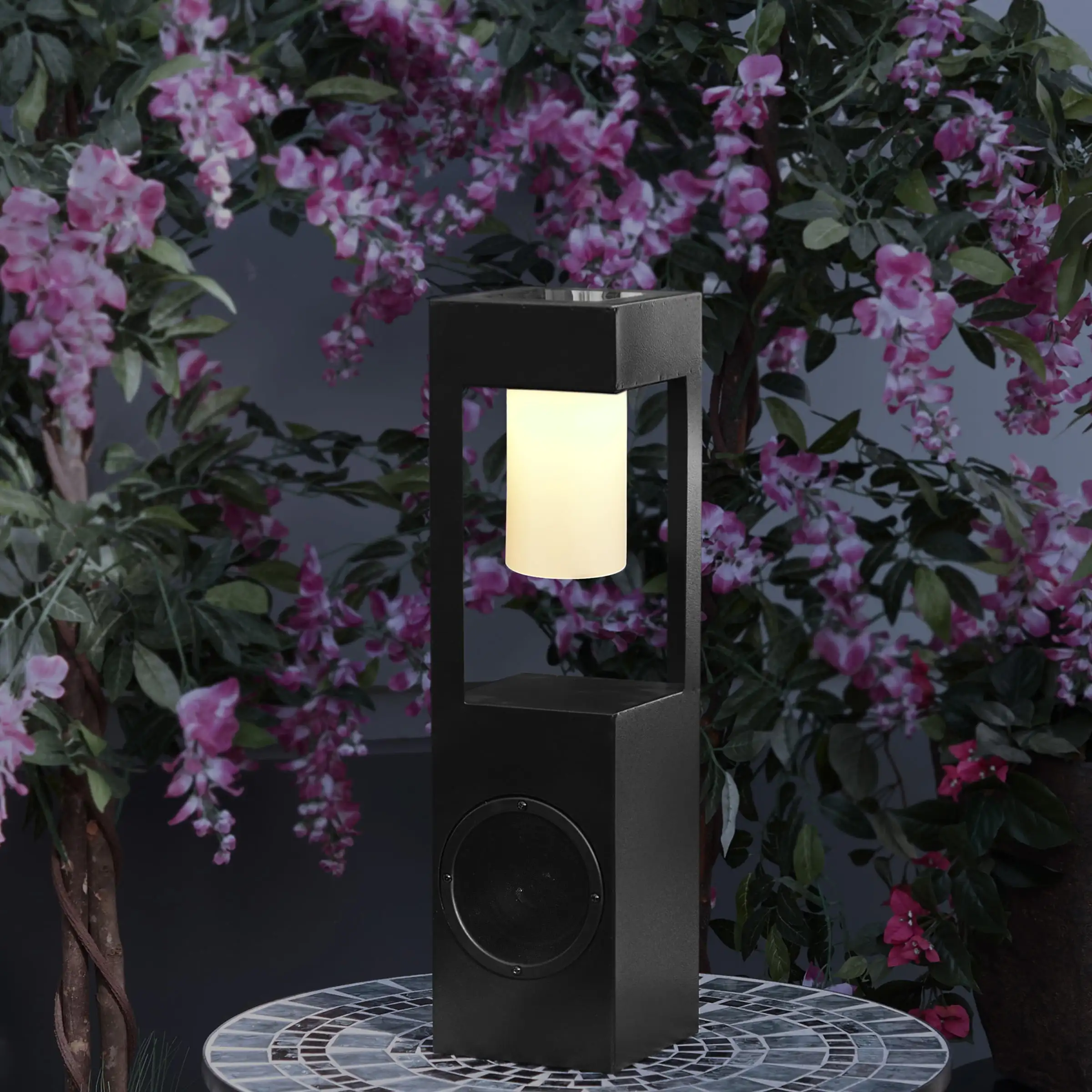 

6" x 24" Metal Lantern with Bluetooth Speaker and Stake, Black