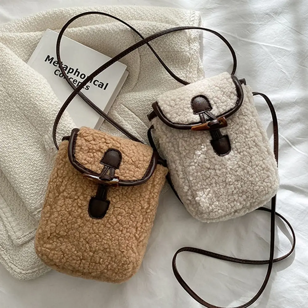 

For Student Small Buttons Traveling Fashion Solid Color Wool Messenger Bag Mobile Phone Bag Women Handbag