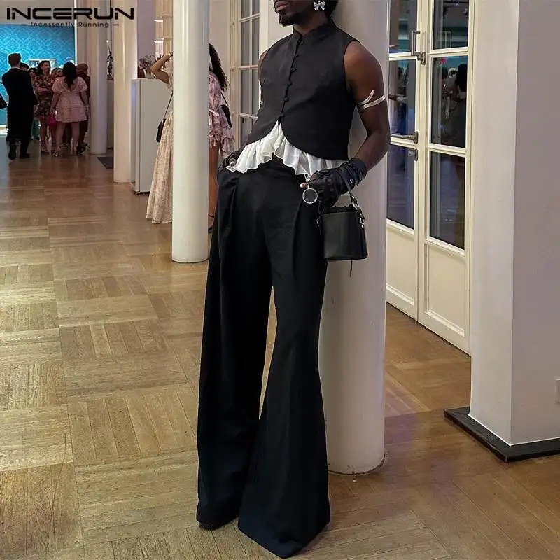 Комплект INCERUN мужской с воротником-стойкой жилет без рукавов и брюки оборками