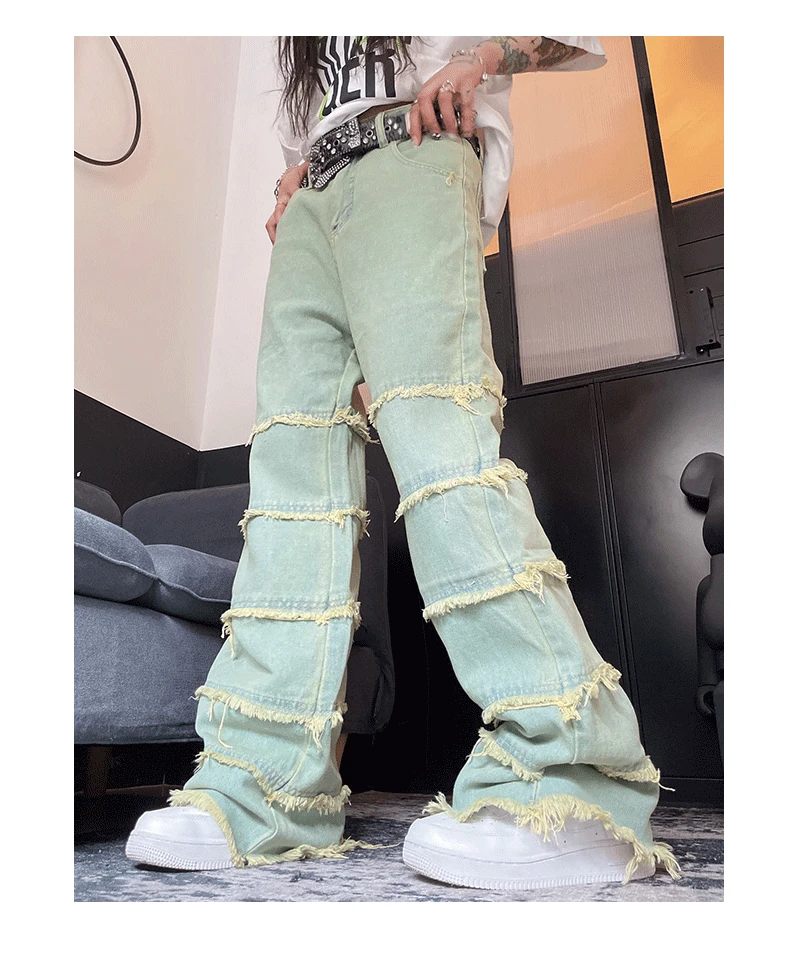 2022 new American retro jeans mopping the floor drape men and women ins tide loose straight light color trousers summer