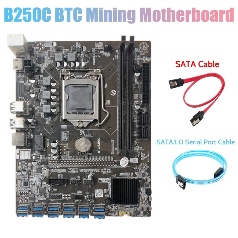 Материнская плата B250C Miner + кабель последовательного порта SATA3.0 SATA 12 слотов PCIE к