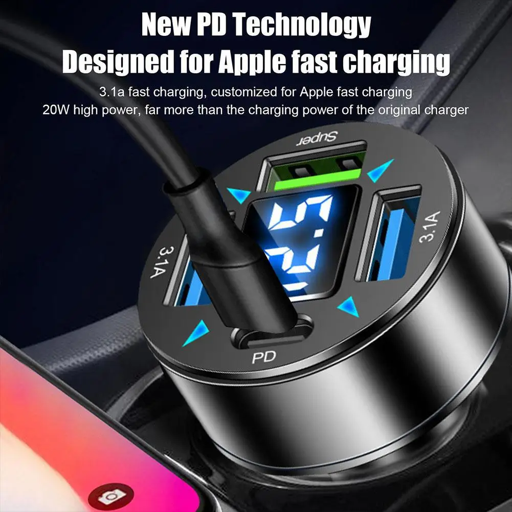 Адаптер питания для IPhone E5R5 66 Вт 4 порта Синяя подсветка QC3.0 Тип C быстрая зарядка