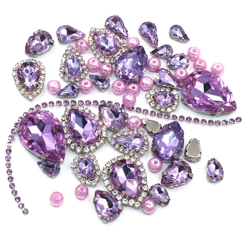 

Violet Drop Shape Mixed Size Crystal Sew On Rhinestone+Pearl +Cup Chain For Wedding Dress Jewelry Making 50pcs/Bag