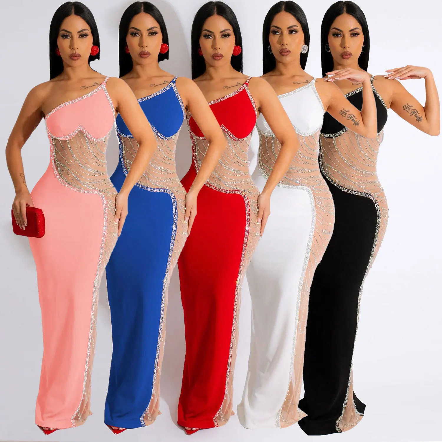 

2023 Sexy Women Sleeveless Dress Sheer Mesh Diamond Long Dress One Shoulder Bodycon Dresses For Women Vestidos
