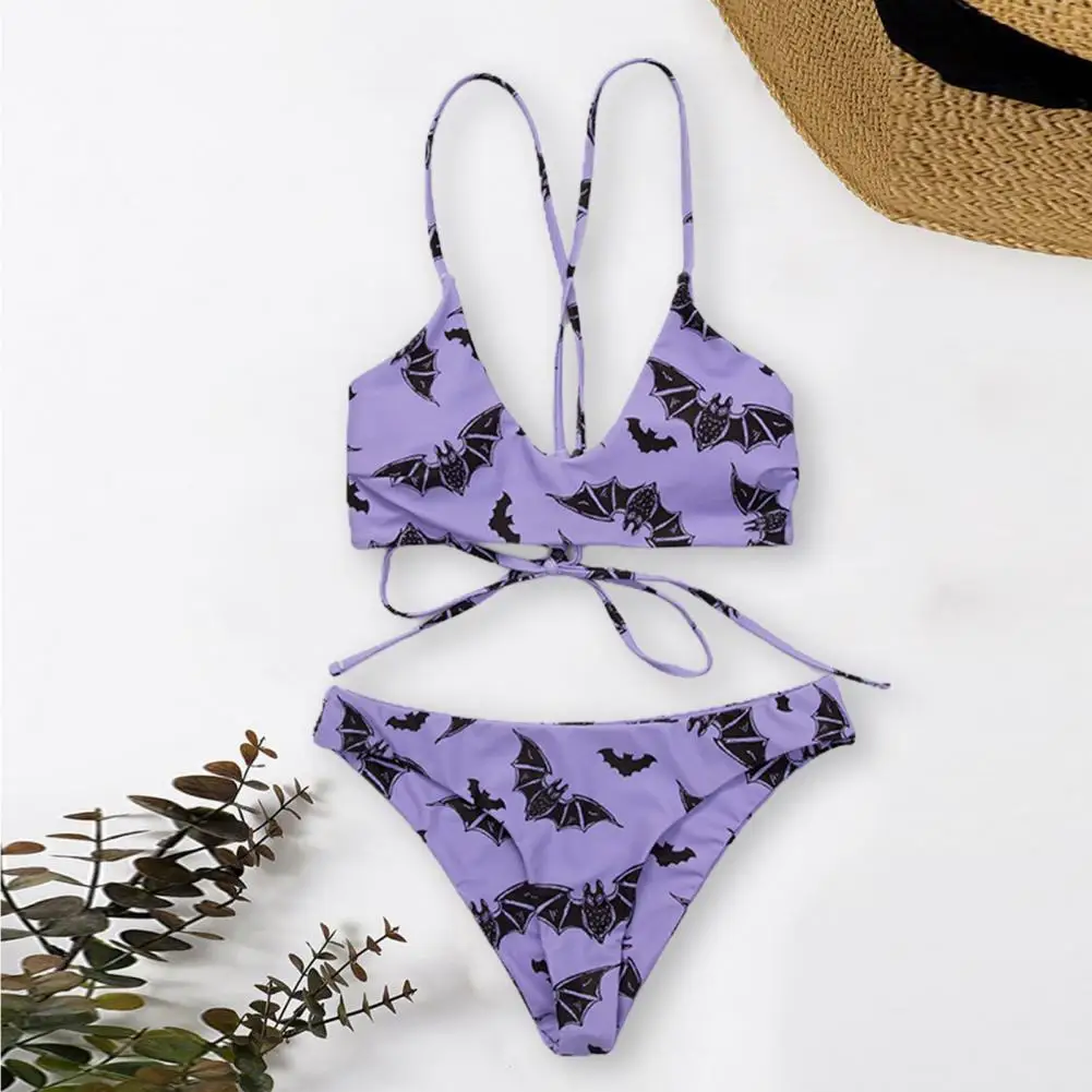 

Beach Swimwear Backless Bikini Suit Women Bat Print Bra Low Waist Thong Swimwear