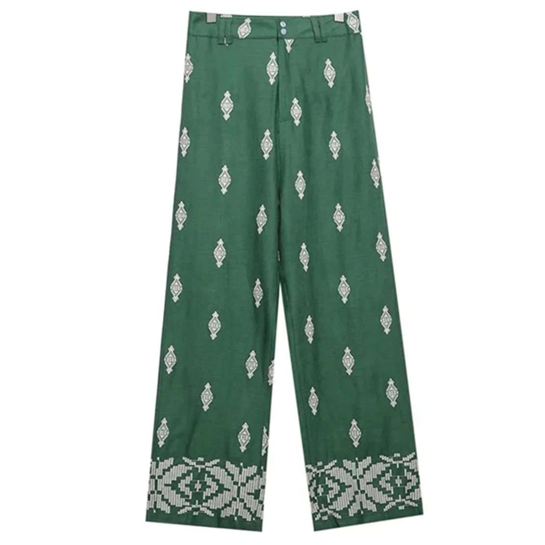 Maxdutti Geometric Embroidery High Waist Loose Casual Pants Women Indie Folk Bohemian Style Vintage Green Pants Linen Trousers