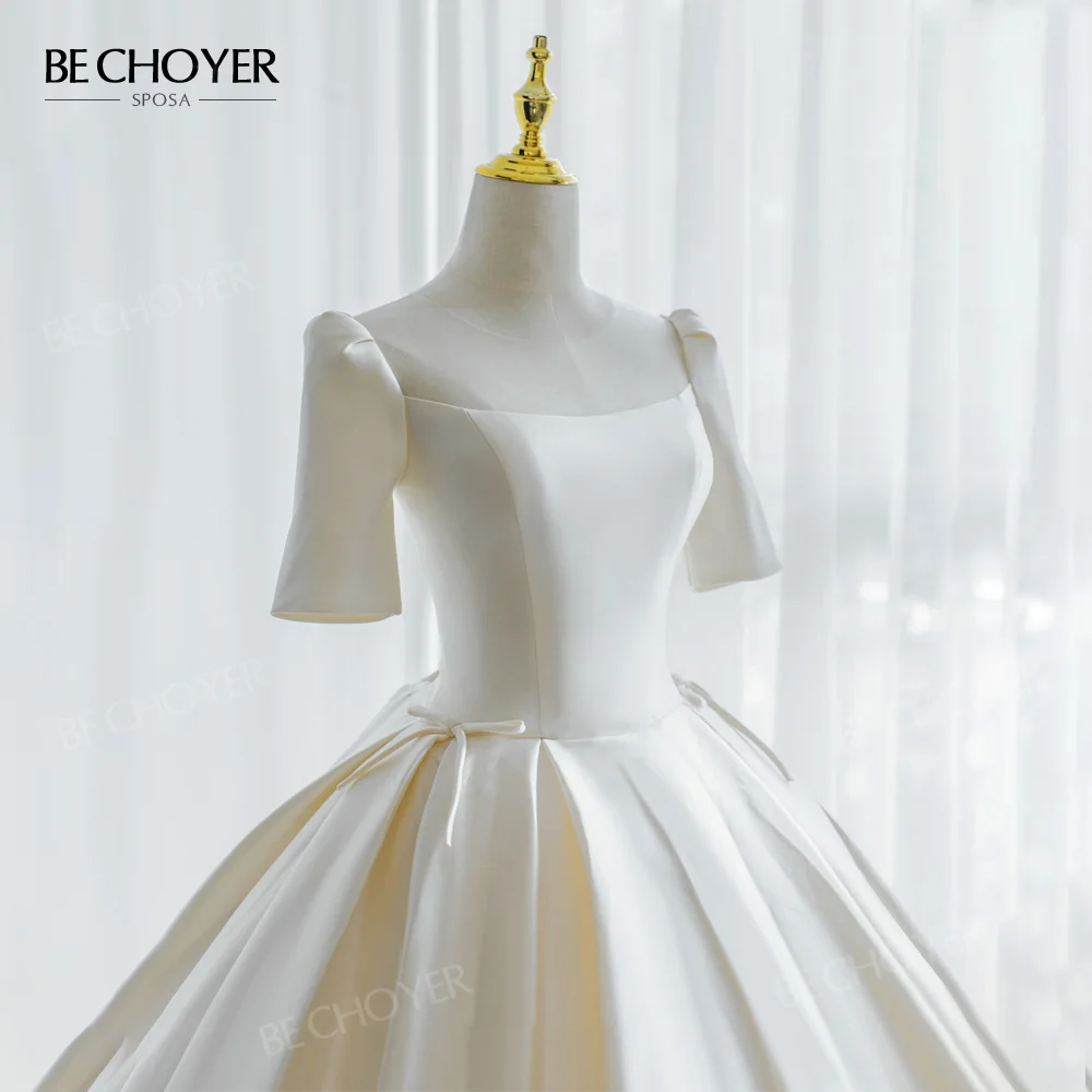

Wedding Dress With Sleeve A-Line Mordern Satin Bow Bride Gown 2023 Court Train Princess BECHOYER B372 Plus Size Vestido de Noiva