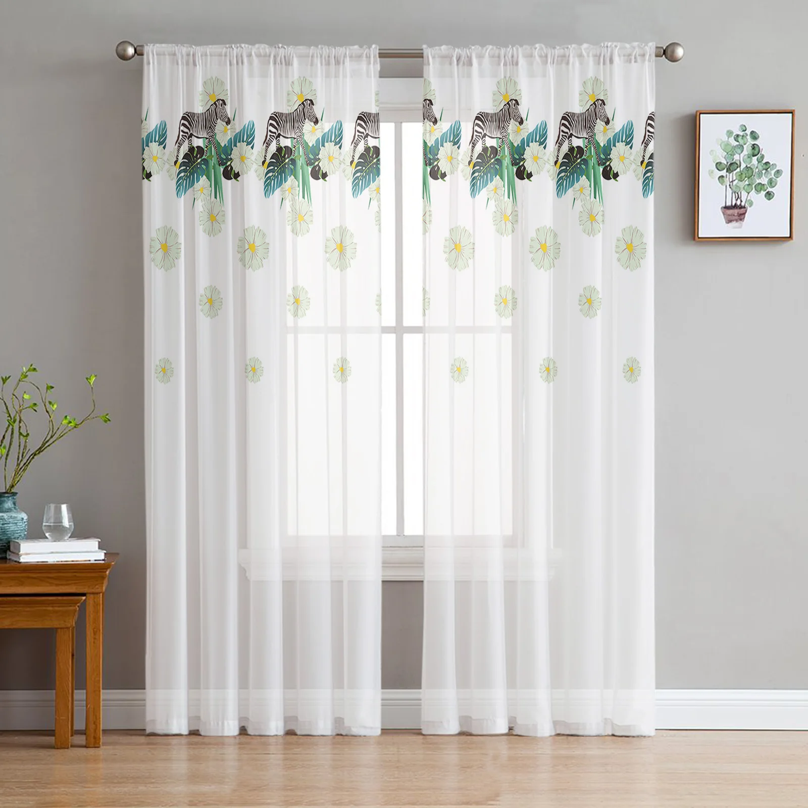 

Zebra Tropical Plant Flower Tulle Sheer Window Curtains for Living Room the Bedroom Voile Organza Decorative Curtains Drapes