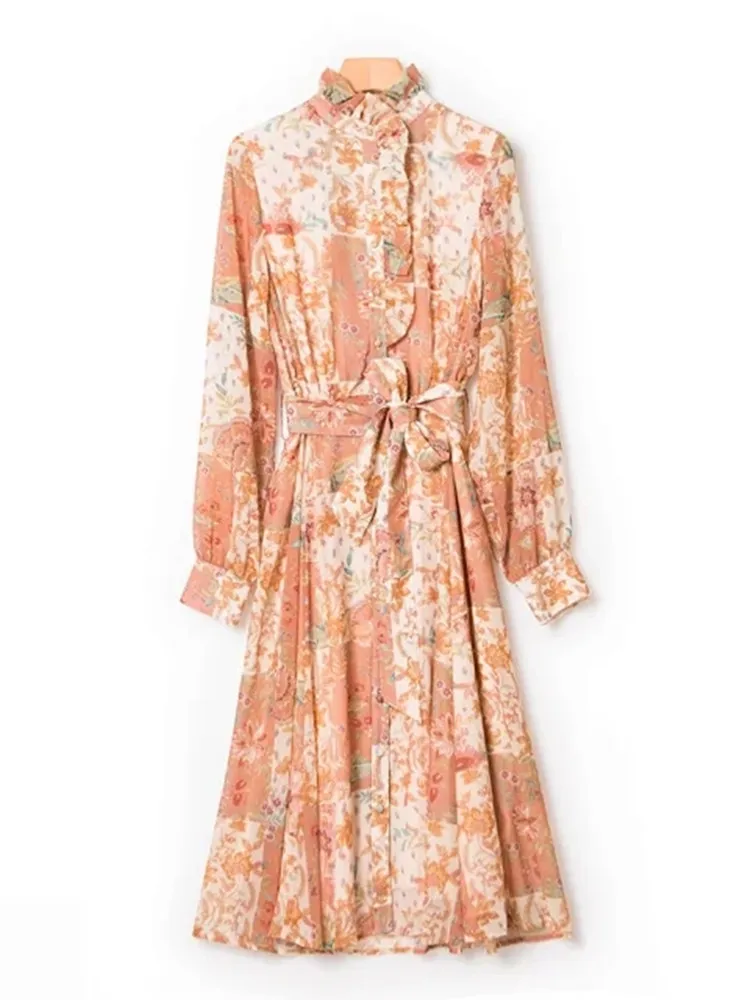 Floral Printing Ruffles Dress Women Single Breasted Long Sleeve Lace-up Female Midi Robes Spring Summer 2023 Holiday Style