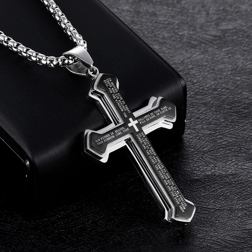 Vintage Christian Bible Text Stainless Steel Cross Pendant Necklace Punk Fashion Biker Amulet Men's Chain Necklace Jewelry Gift