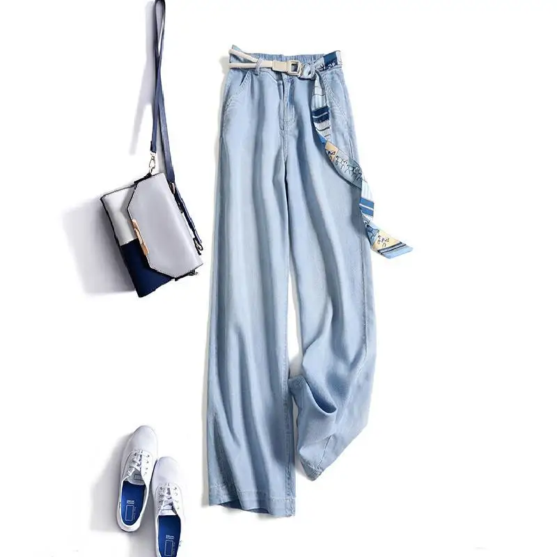 

2022 New Arrival Summer Korean Style Women Casual Loose Full Length Pants Elastic Waist Cotton Denim Straight Jeans P356
