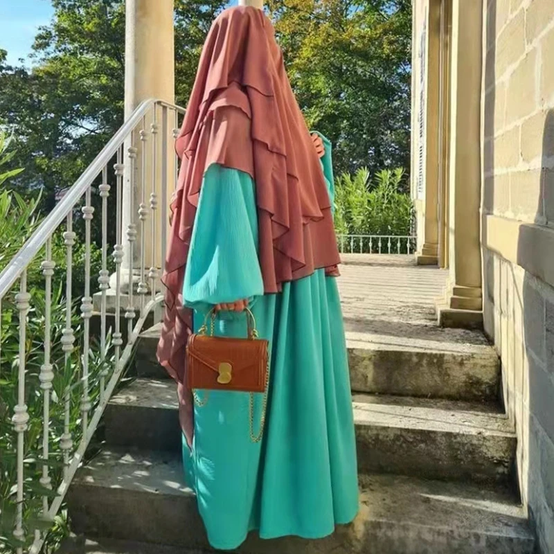 Hooded Prayer Garment Abaya 3 Layer Khimar Ramadan Muslim Hijab With Sleeveless Turkey Musulman Tops Modest Islam Clothing Niqab