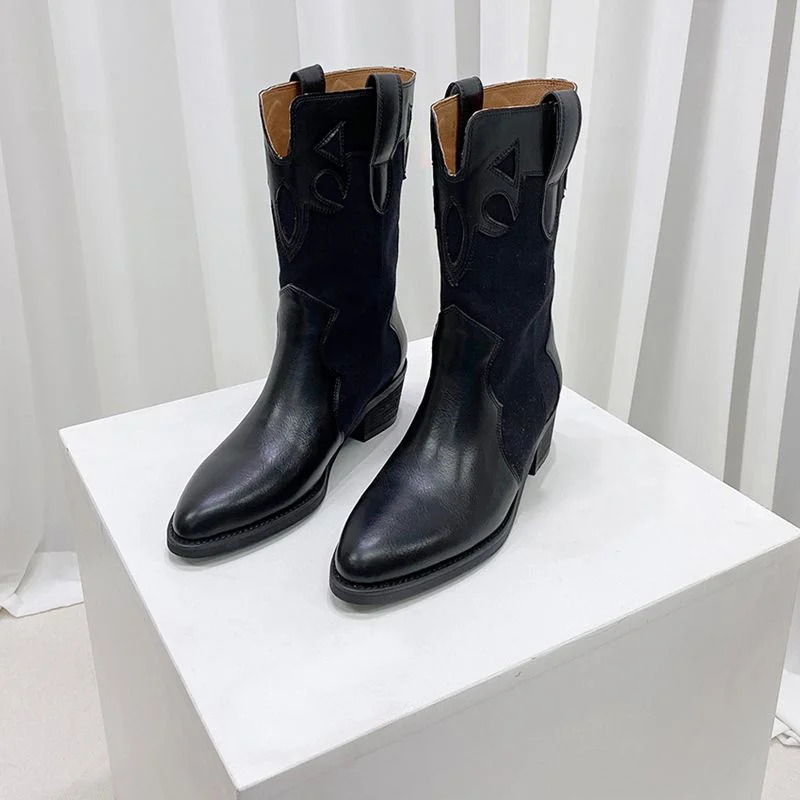 

2022 New Boots Women Pointed Toe Stitching Mid-boots High-heeled Mid-sleeve European and American Fashion Women's Shoes