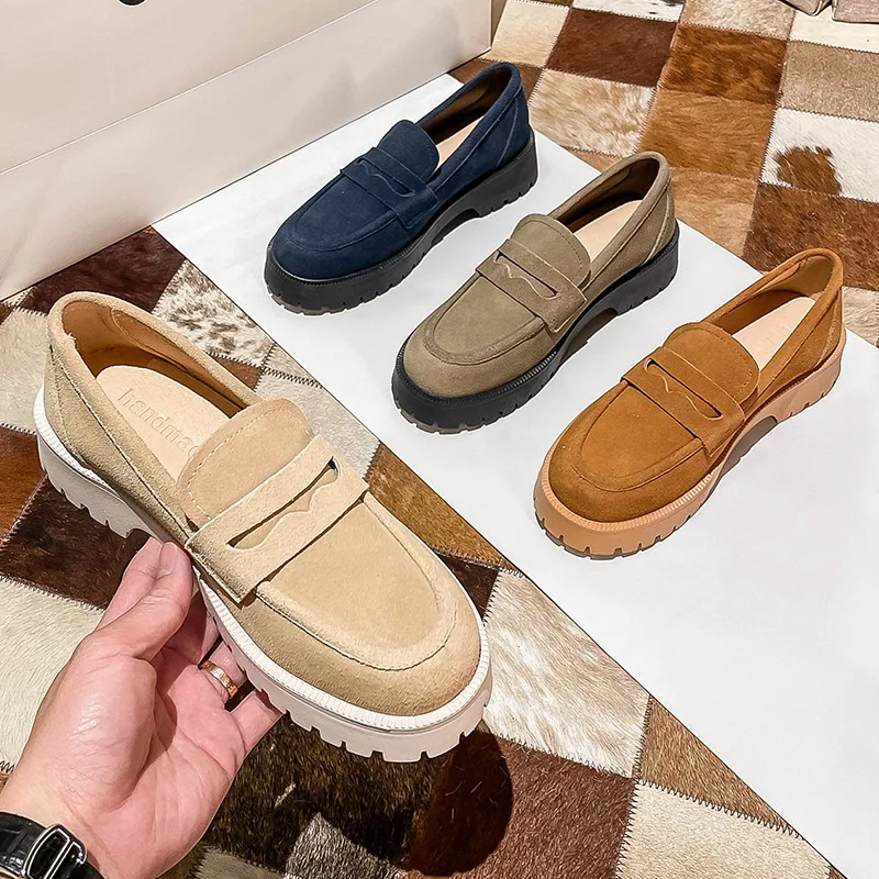 

2023 New Spring and Autumn Lefu Shoes Comfortable Sanded Cowhide British Style Women's Shoes Thick Heel Thick Sole Retro