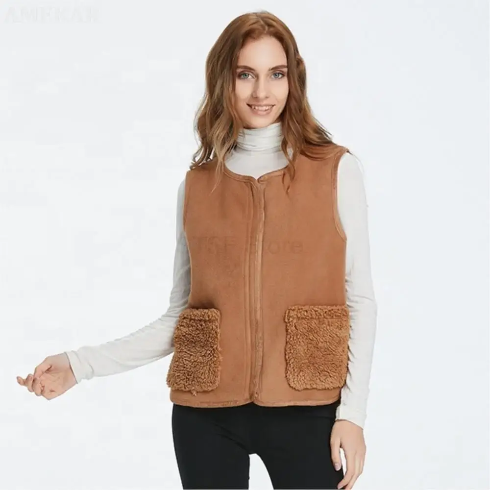 Women Winter Real Fur Zipper Vest Pure Color o-neck Fleece Adult Coat Real Fur Dual Pocket Thermal Elegant Women's Vest 2022
