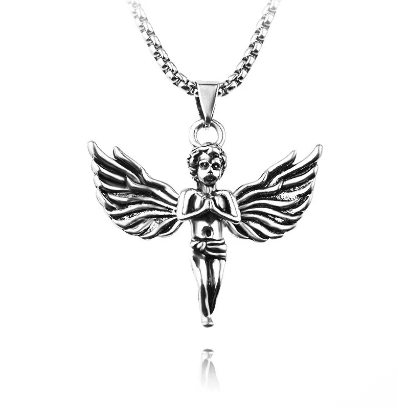 

Fashion Angel Wings Pendant Choker Necklace Silver Color Stainless Steel Hip Hop Chain Necklace Women Men Lovers Jewelry Gift