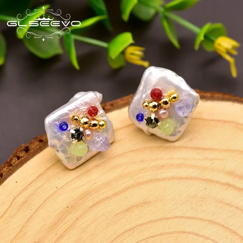 

GLSEEVO Original Design Natural Fresh Water White Pearl Colorful Stones Stud Earring For Woman Wedding Fine Jewellery GE0817
