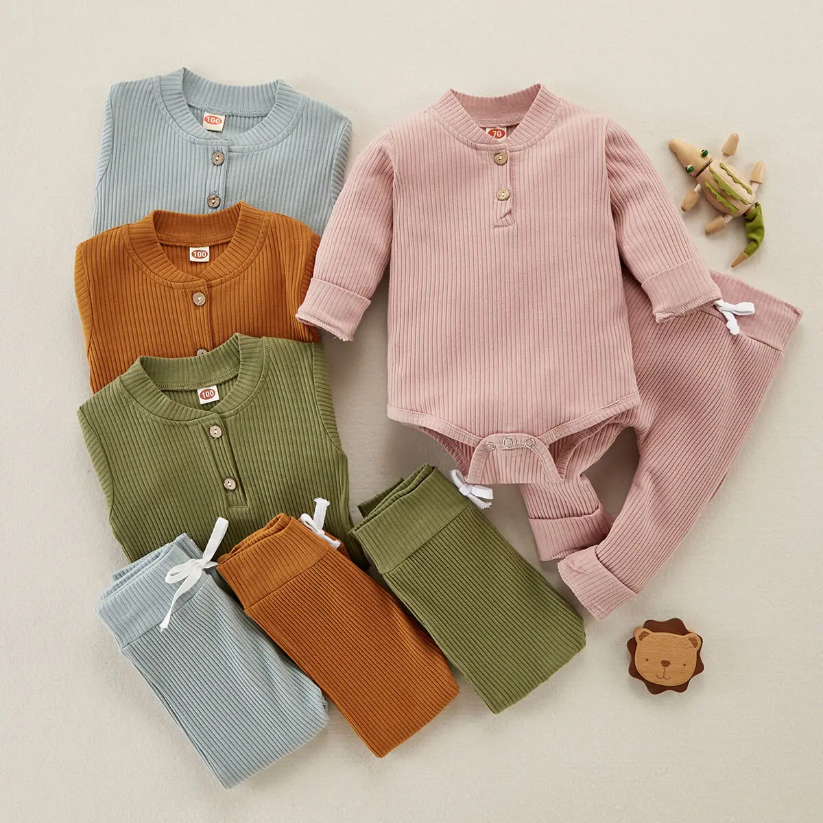 

hibobi Baby Clothes Set 2Pcs Solid Cotton Long-sleeve Bodysuit and Pants Set Newborn Toddler Baby Jumpsuit