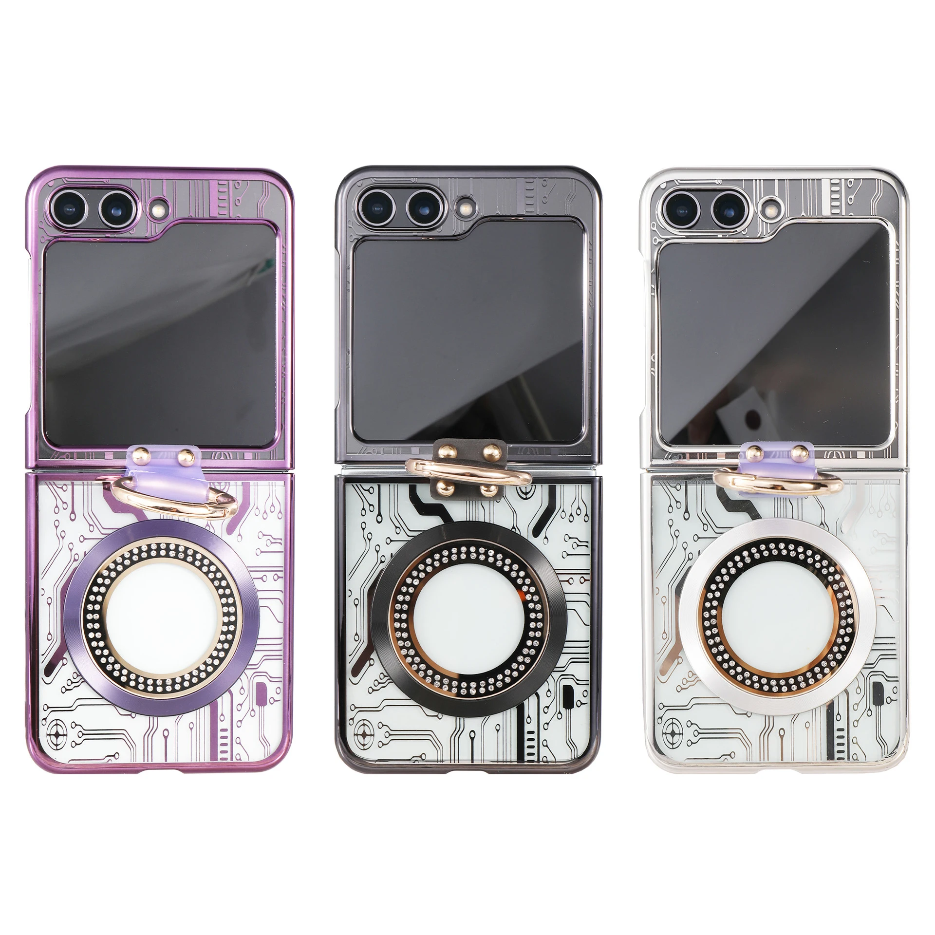 

Creative Circuit Board Texture Ring Bracket Phone Case For Samsung Galaxy Z Flip 5 Magnet Wireless Charging Fall Protective Case