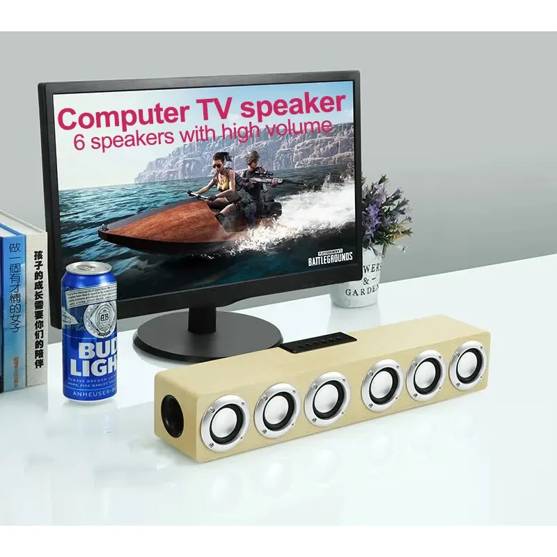 

25W Home Theater Portable Soundbar Column Bluetooth Speaker Wireless Wooden Computer TV Speakers Subwoofer FM Radio TF Card USB