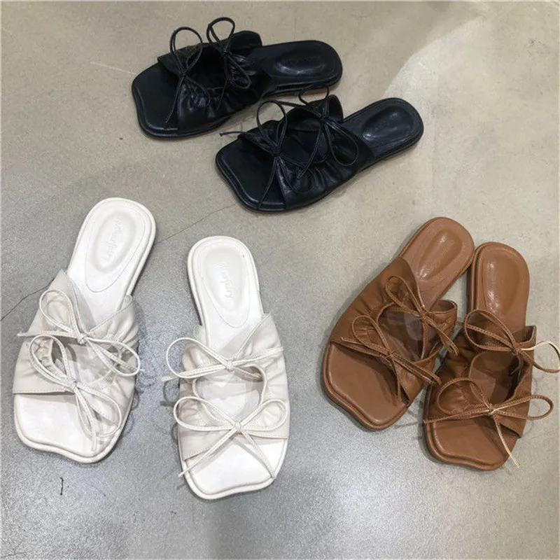 

Мюли женские в стиле ретро, шикарные дизайнерские модные туфли с квадратным носком, с бантом, шлепанцы для пляжа, на плоской подошве, коричне...