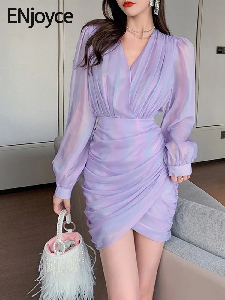 

Женское плиссированное платье-мини ENjoyce, фиолетовое платье с рукавами-фонариками и V-образным вырезом, Клубное платье с высокой талией в Корейском стиле для выпускного вечера, весна 2019
